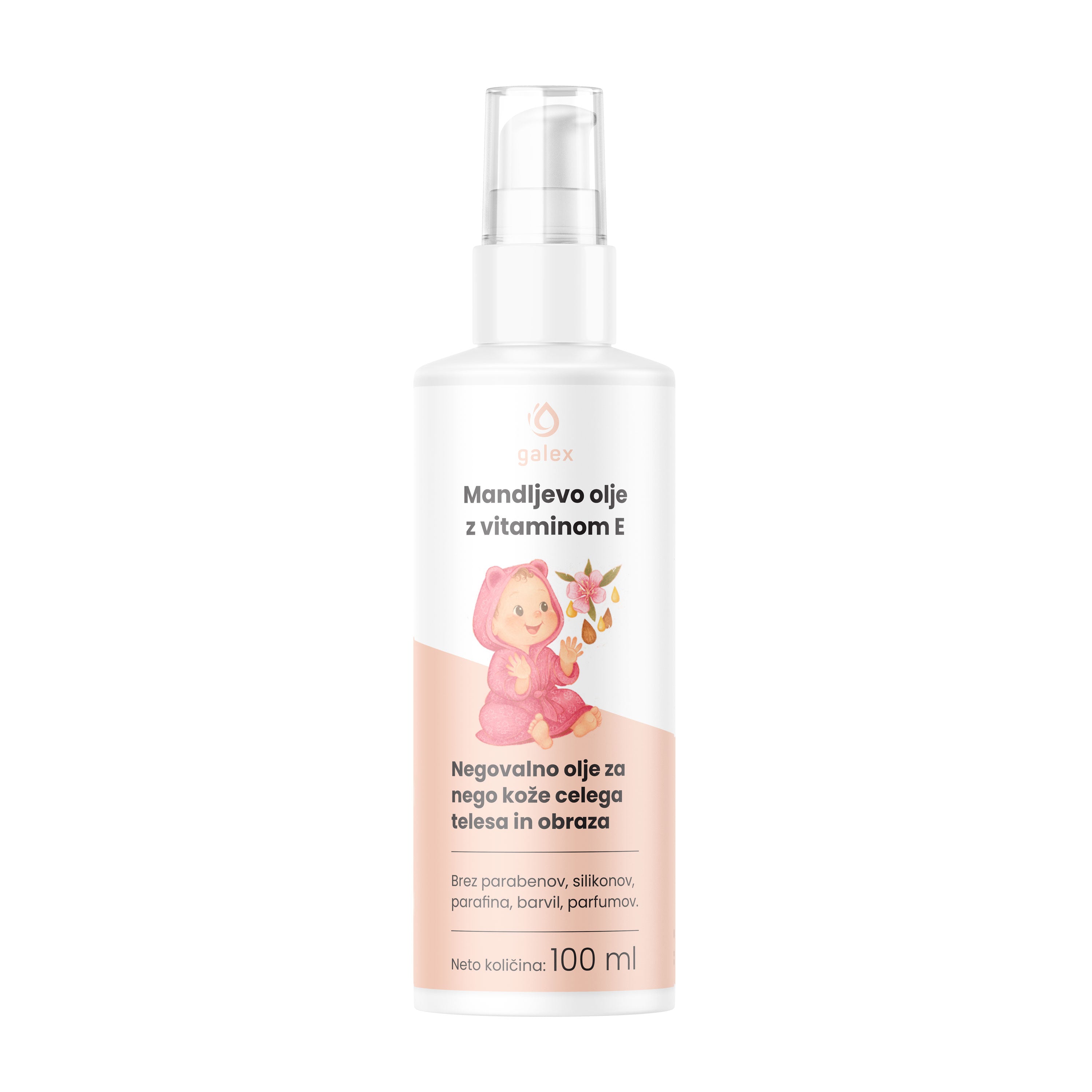 Private label almond body oil with vitamin E, suitable for massage, gentle baby skin care and daily skin nourishment, available under your own brand by Galex Lab.