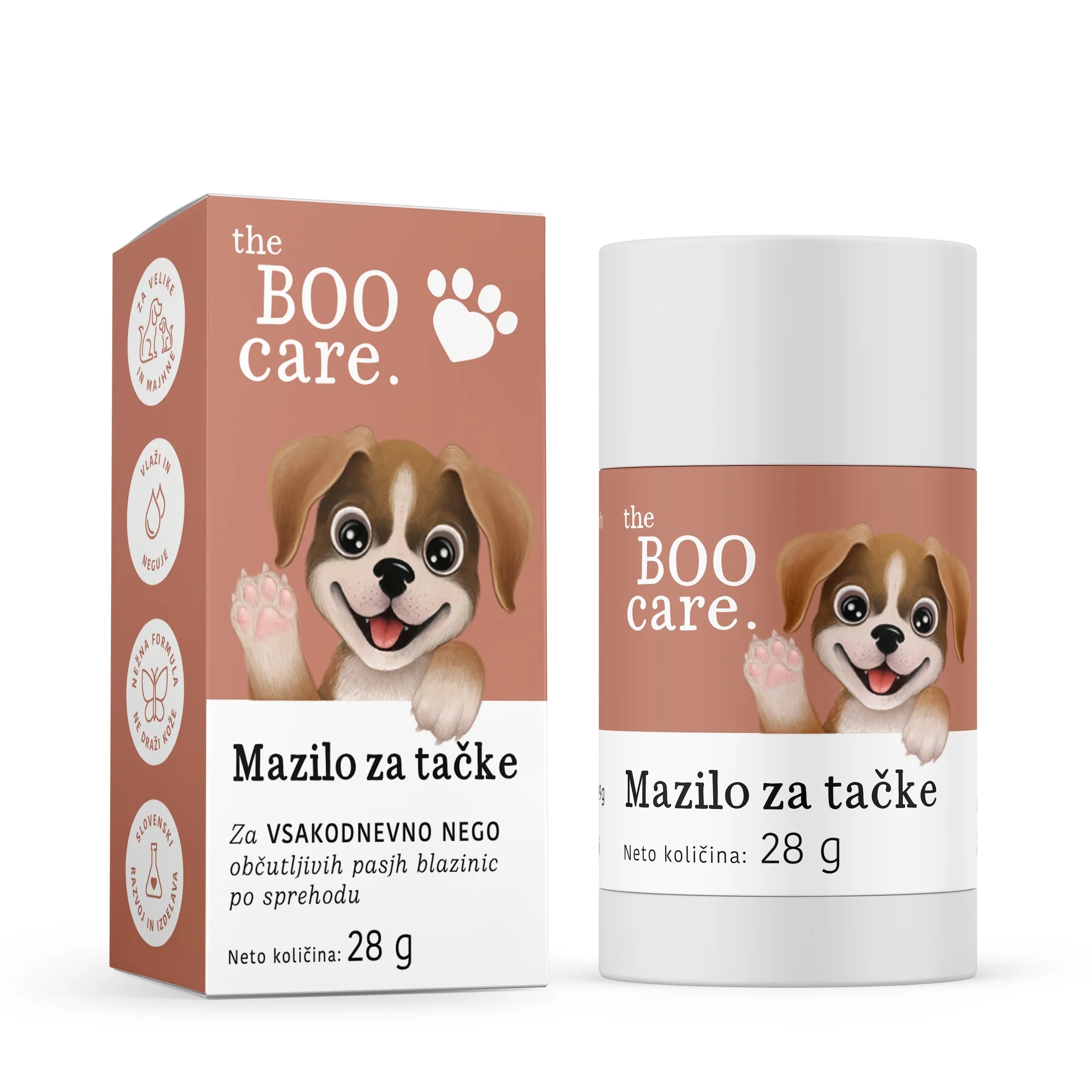 Private label dog paw balm stick made with natural ingredients, developed to protect, soothe and nourish sensitive paw pads in all seasons, available under your own brand by Galex Lab.