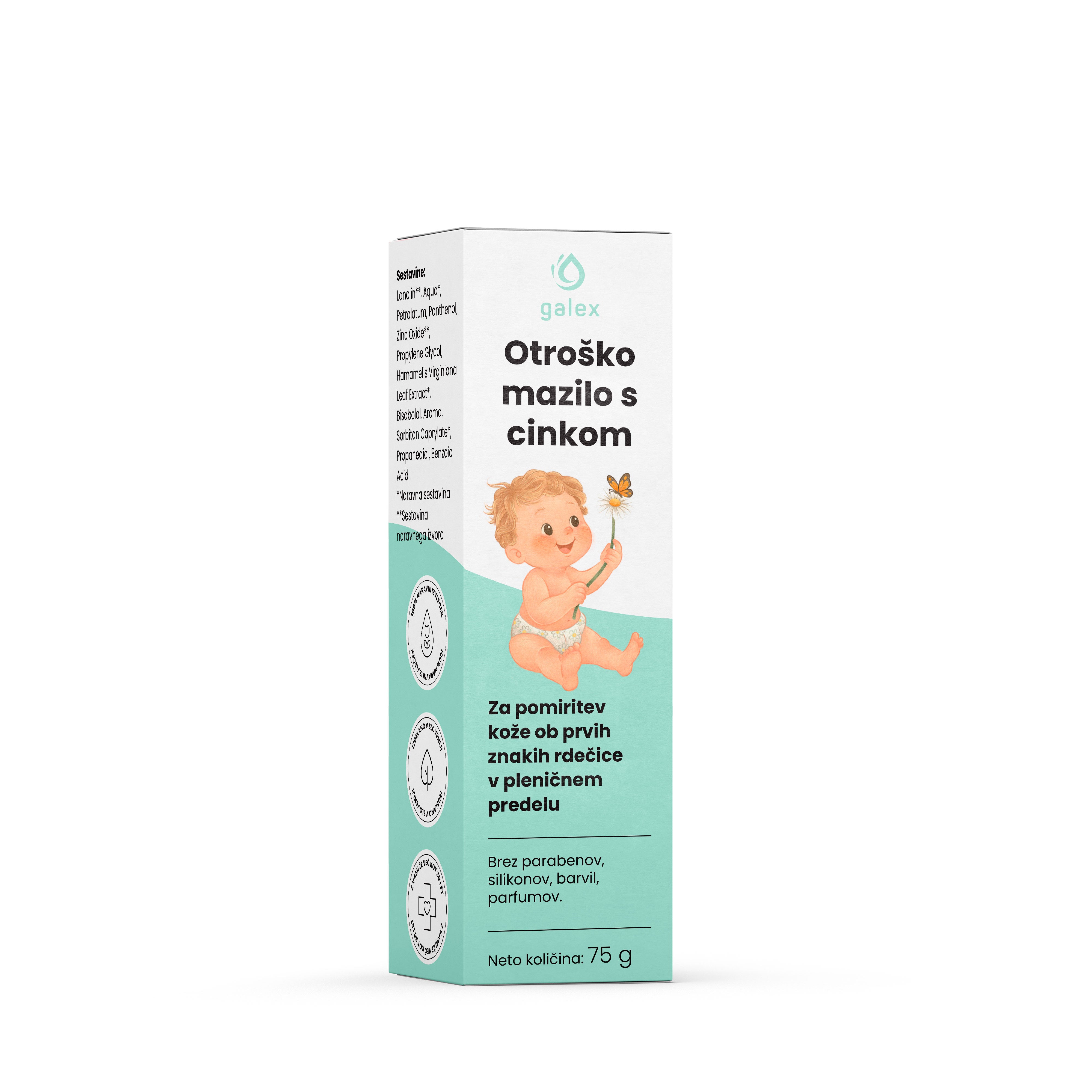 Private label zinc cream for babies, developed to protect, soften and soothe sensitive skin in the diaper area, available under your own brand by Galex Lab.