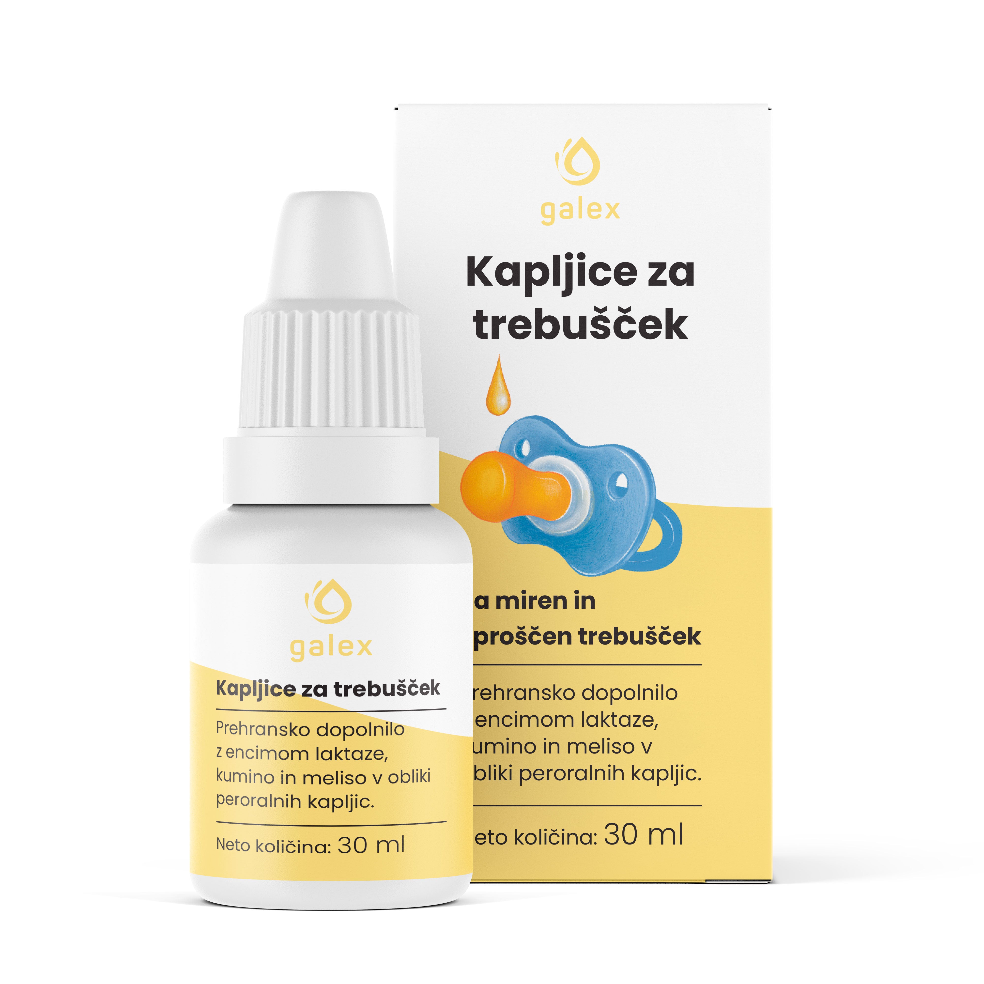 Private label baby digestive drops with lactase, caraway and lemon balm, formulated to support a calm and comfortable tummy and suitable from birth, available under your own brand by Galex Lab.